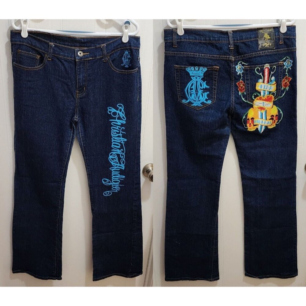 Christian Audigier Womens Y2K Style Flare Jean Embroidered Skull/Dagger Sz 13/14